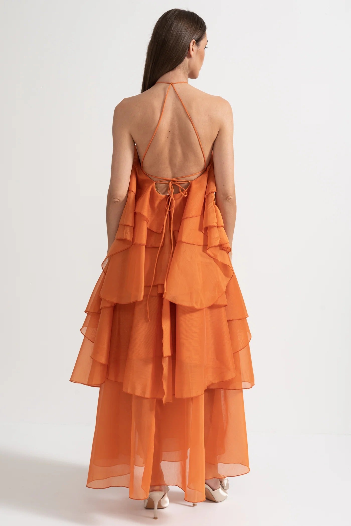 Tiered Halter Maxi Dress With Open Back - Orange