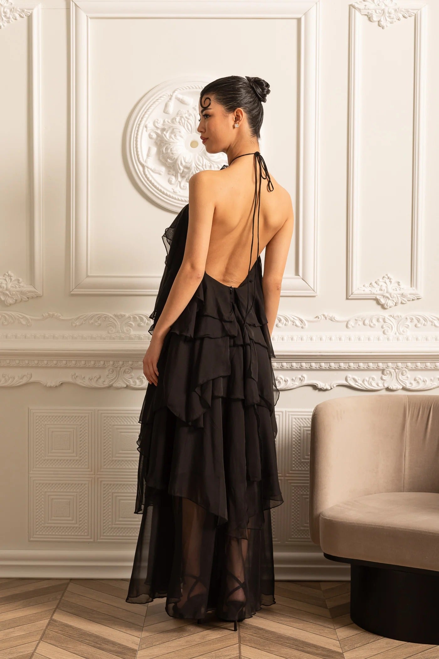 Tiered Halter Maxi Dress With Open Back - Black