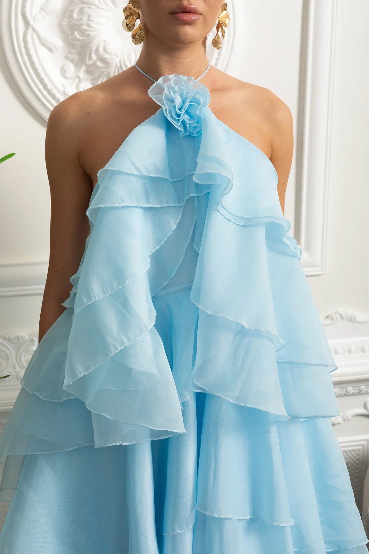 Tiered Halter Maxi Dress With Open Back - Blue