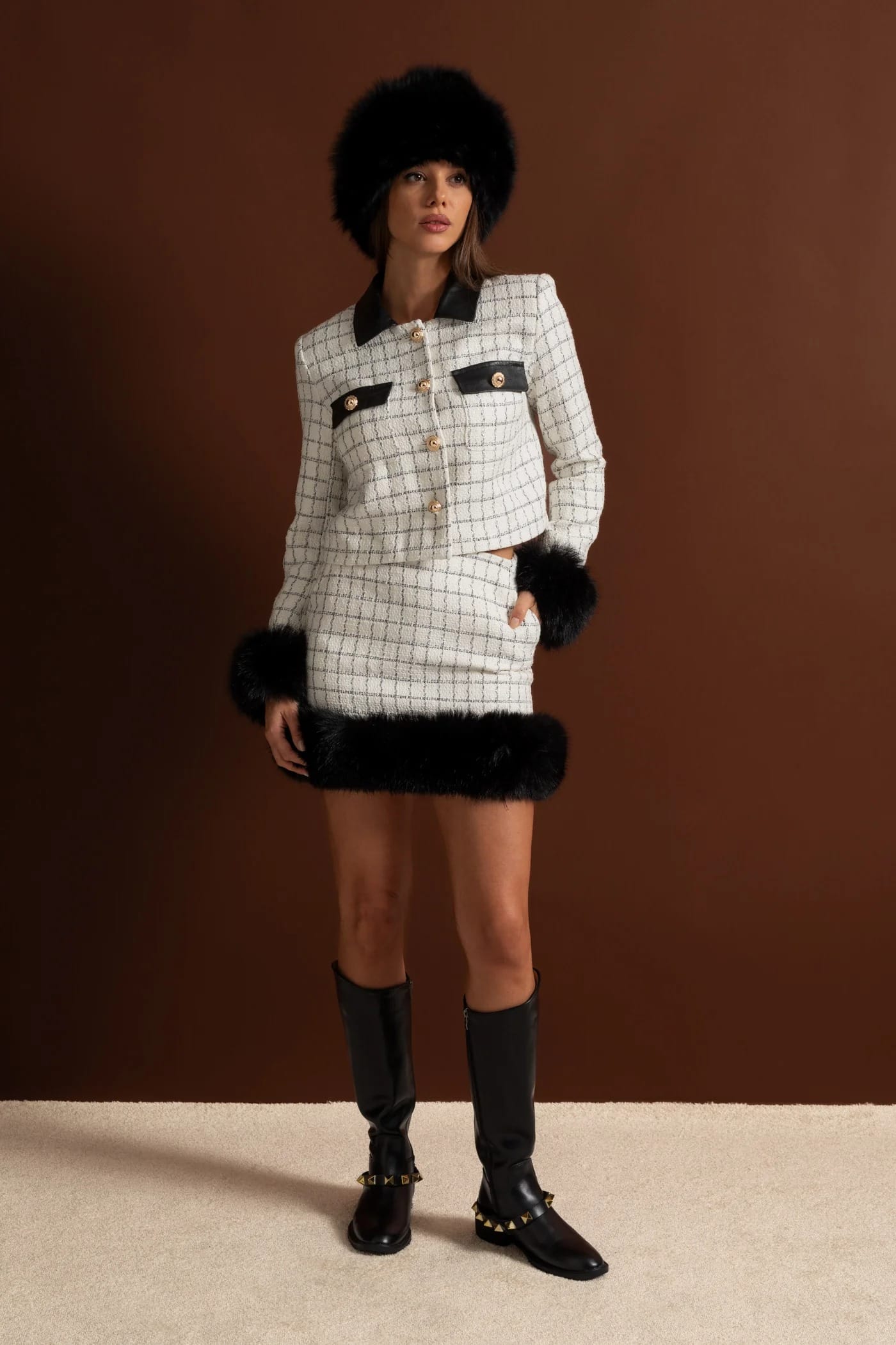 Two-Piece Set with Contrast Trim Jacket and Mini Skirt - White