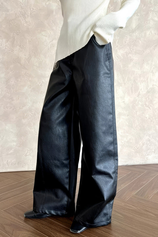 High-Waisted Wide-Leg Leather Trousers - Black