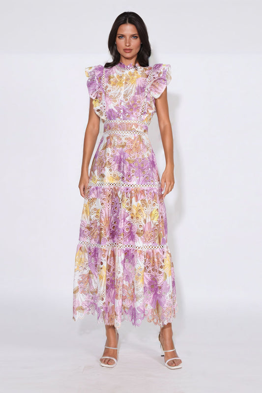 Printed Lace Ruffled Maxi Dress - Purple