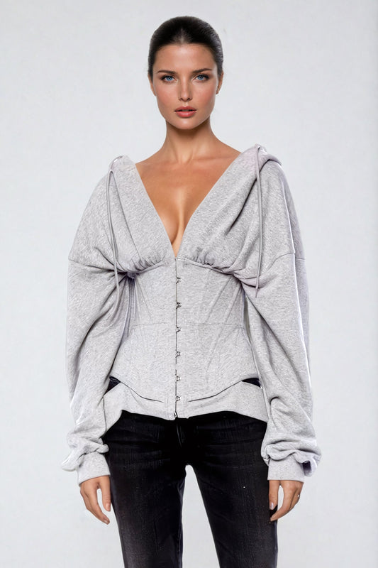 Structured Corset Hoodie Jacket with Oversized Sleeves - Gray