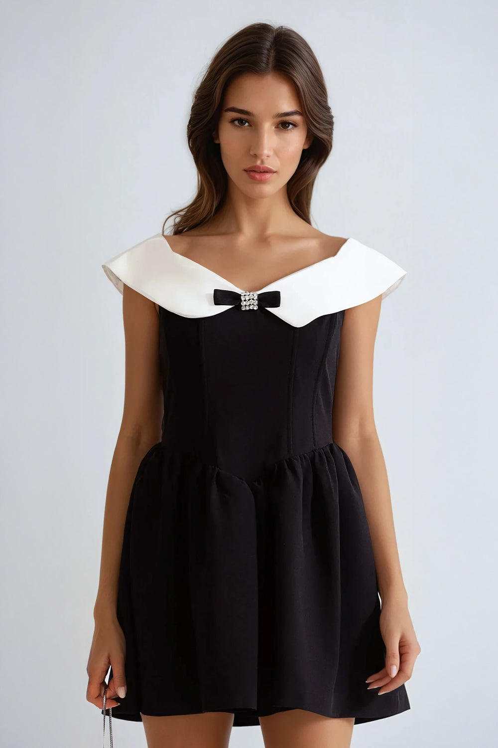 Sleeveless Mini Dress with Oversized Collar and Bow - Black
