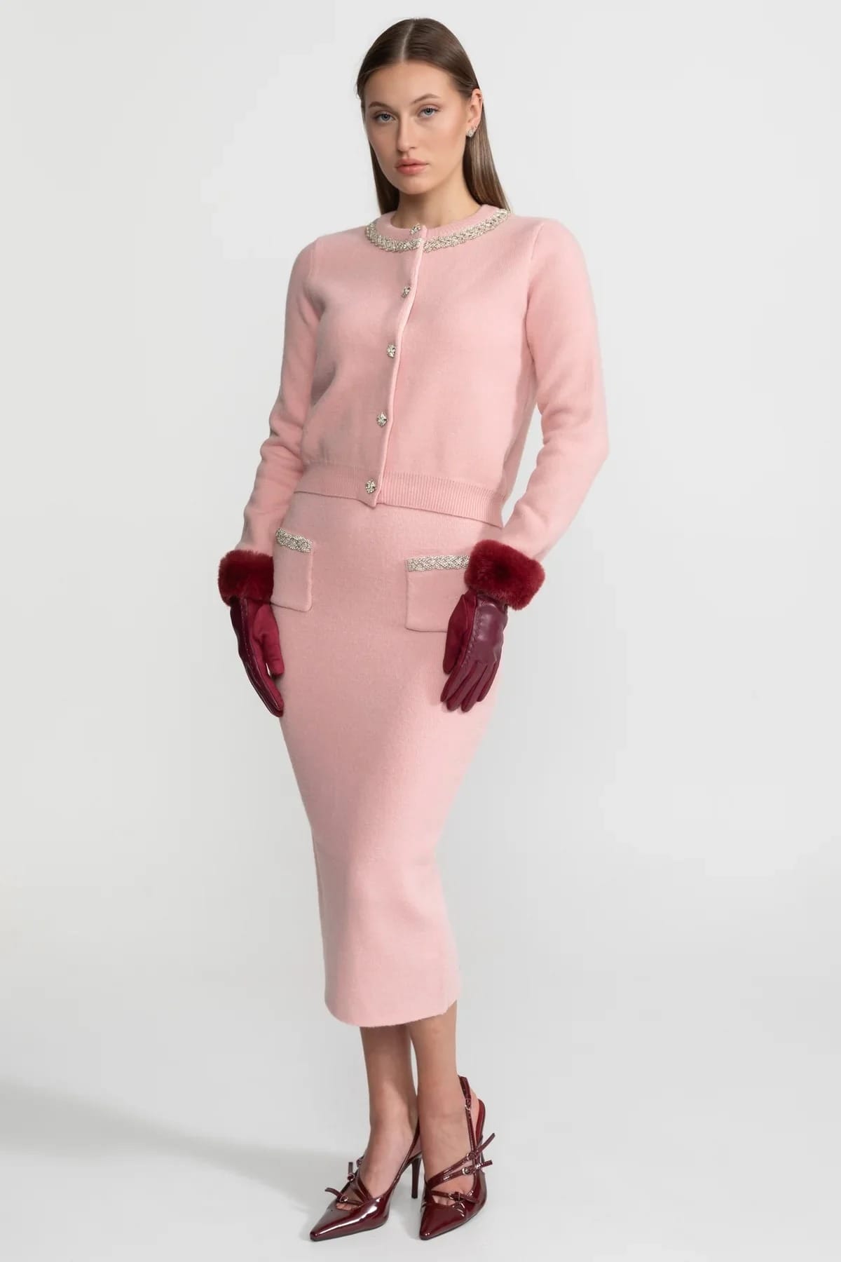 Two-Piece Set with Embellished Cardigan and Midi Skirt - Pink