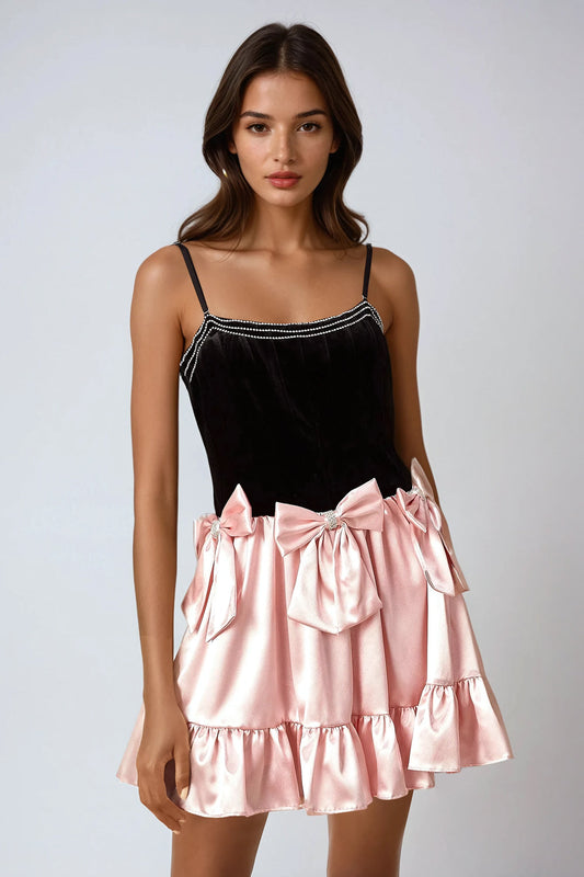 Velvet and Satin Mini Dress with Bow Accents - Pink