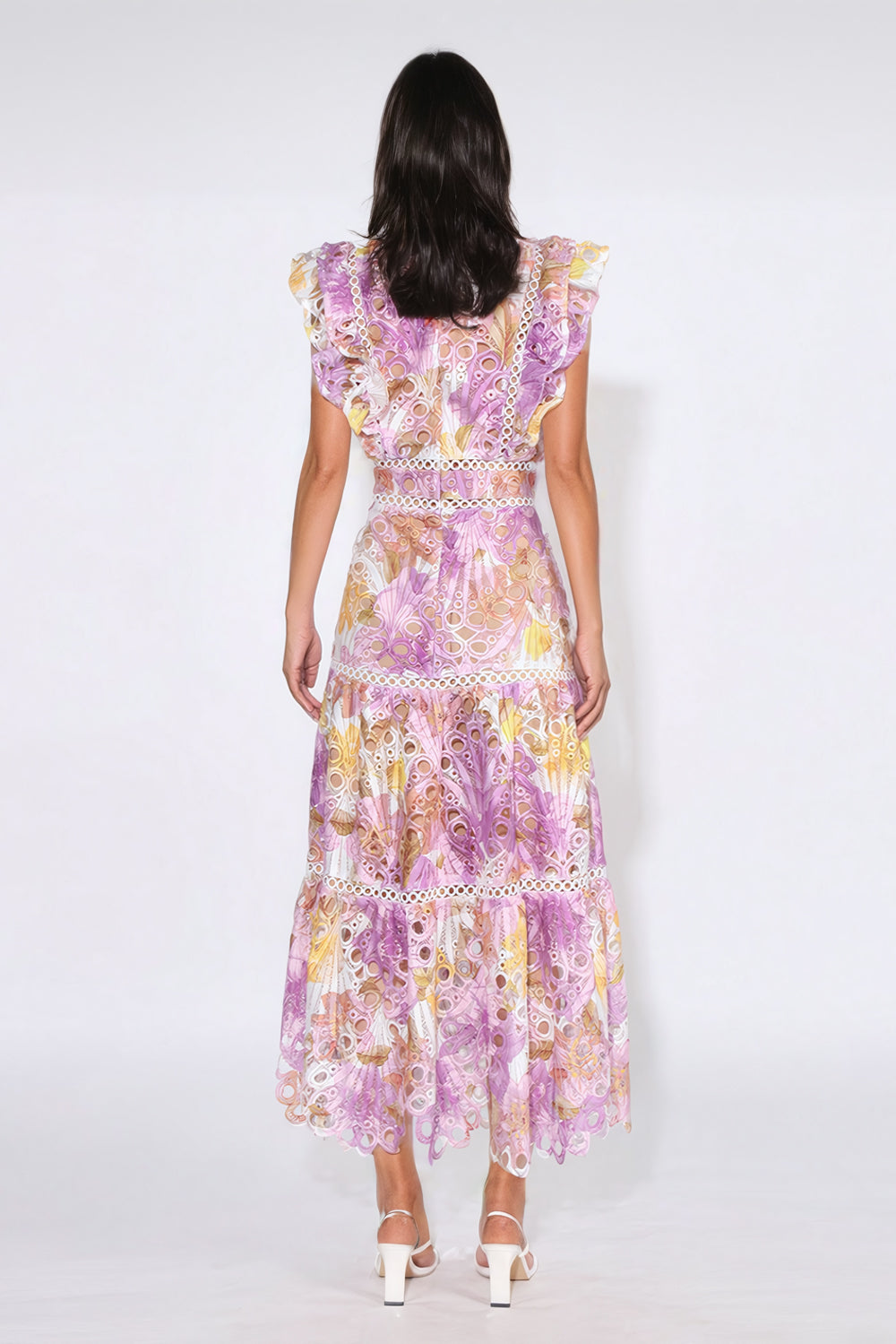 Printed Lace Ruffled Maxi Dress - Purple