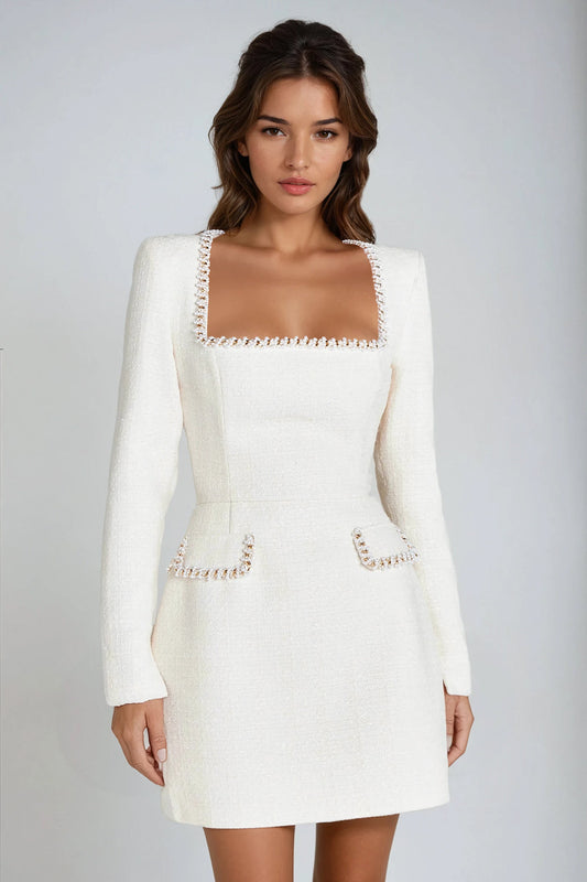 Mini Dress with Embellished Details and Frill Hem - White