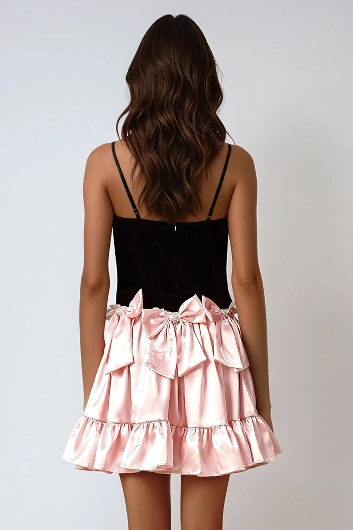 Velvet and Satin Mini Dress with Bow Accents - Pink