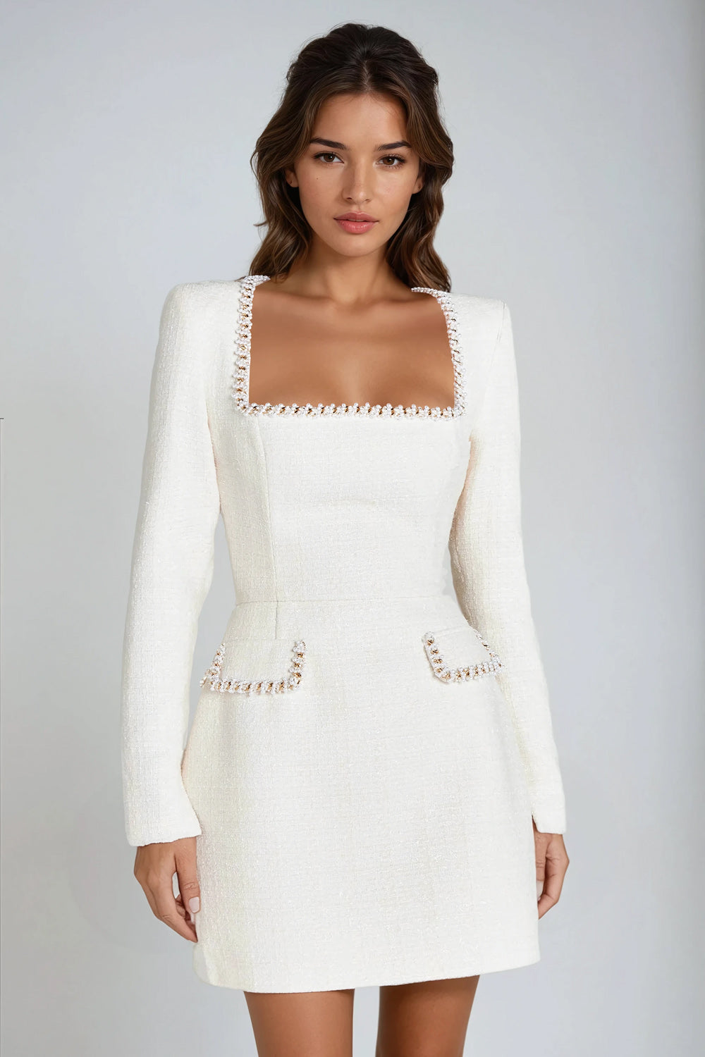 Long Sleeve Mini Dress with Embellished Square Neckline and Pocket Details - White