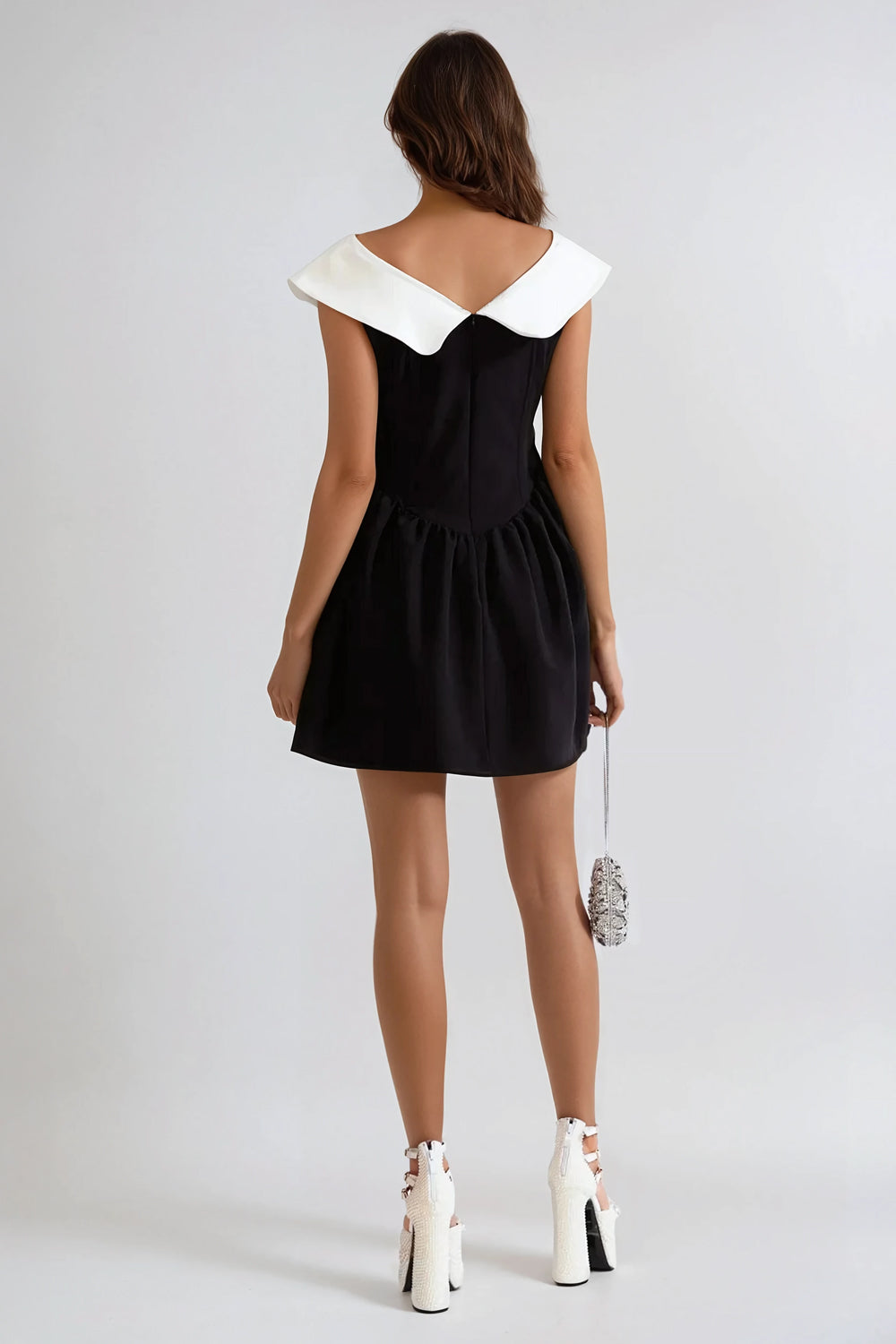 Sleeveless Mini Dress with Oversized Collar and Bow - Black