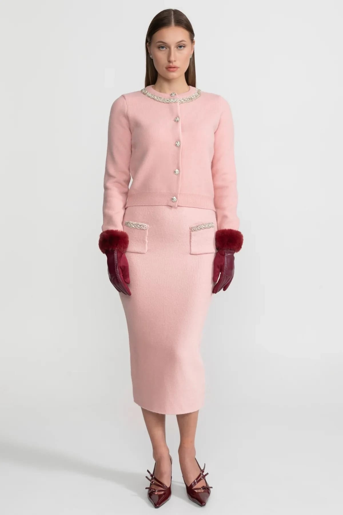 Two-Piece Set with Embellished Cardigan and Midi Skirt - Pink