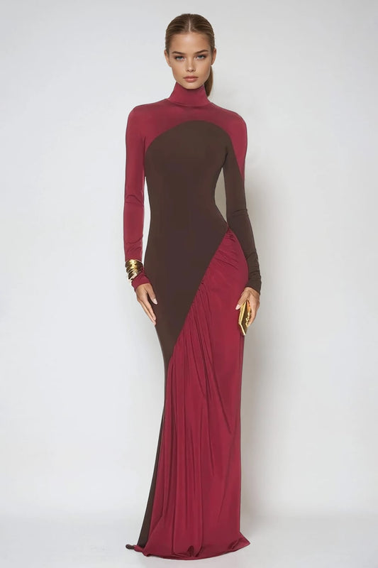 Contrast Panel High Neck Long Sleeve Maxi Dress - Red