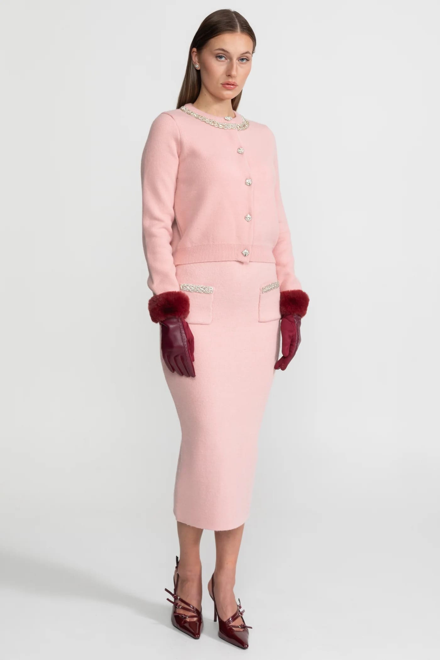 Two-Piece Set with Embellished Cardigan and Midi Skirt - Pink