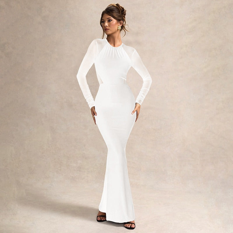 Mesh Maxi Dress with Long Sleeves and Ruched Back - White