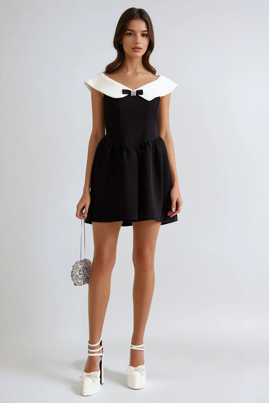 Sleeveless Mini Dress with Oversized Collar and Bow - Black
