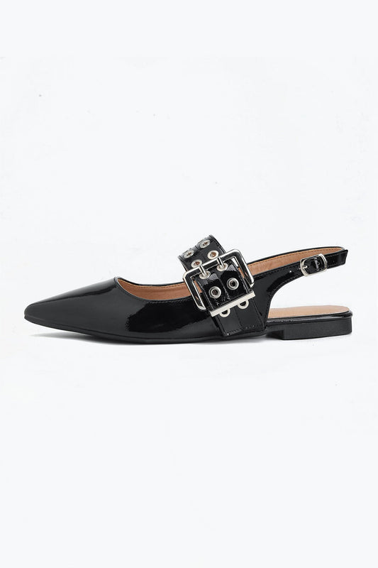 Pointed Toe Slingback Flats with Double Buckle Straps - Black