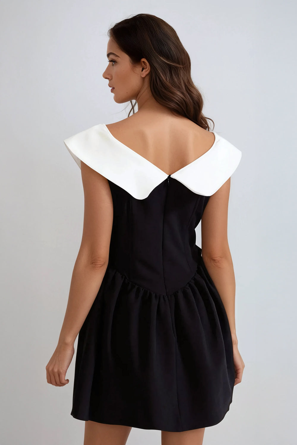 Sleeveless Mini Dress with Oversized Collar and Bow - Black