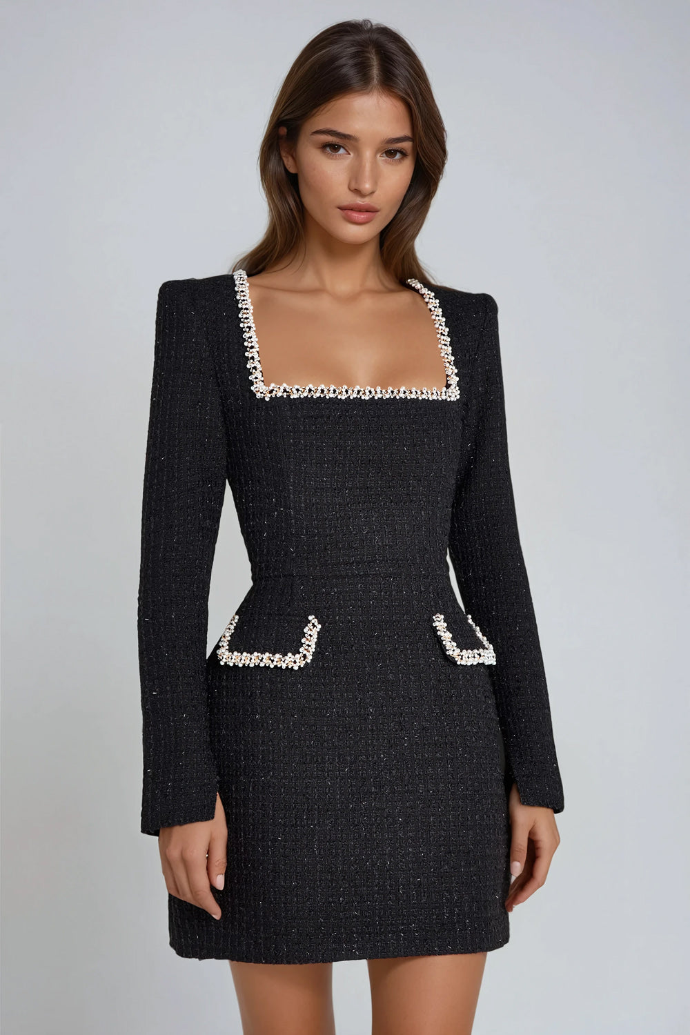 Long Sleeve Mini Dress with Embellished Square Neckline and Pocket Details - Black