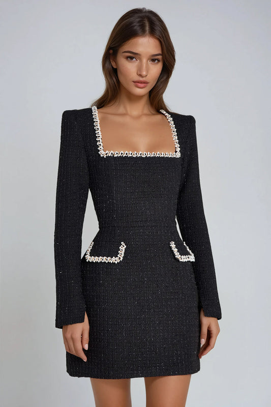 Long Sleeve Mini Dress with Embellished Square Neckline and Pocket Details - Black