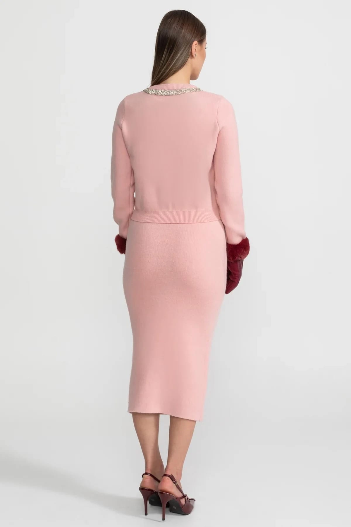 Two-Piece Set with Embellished Cardigan and Midi Skirt - Pink