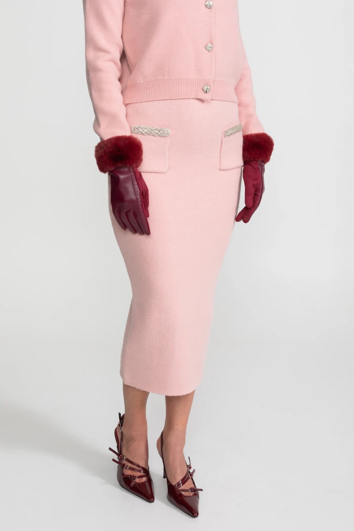 Two-Piece Set with Embellished Cardigan and Midi Skirt - Pink