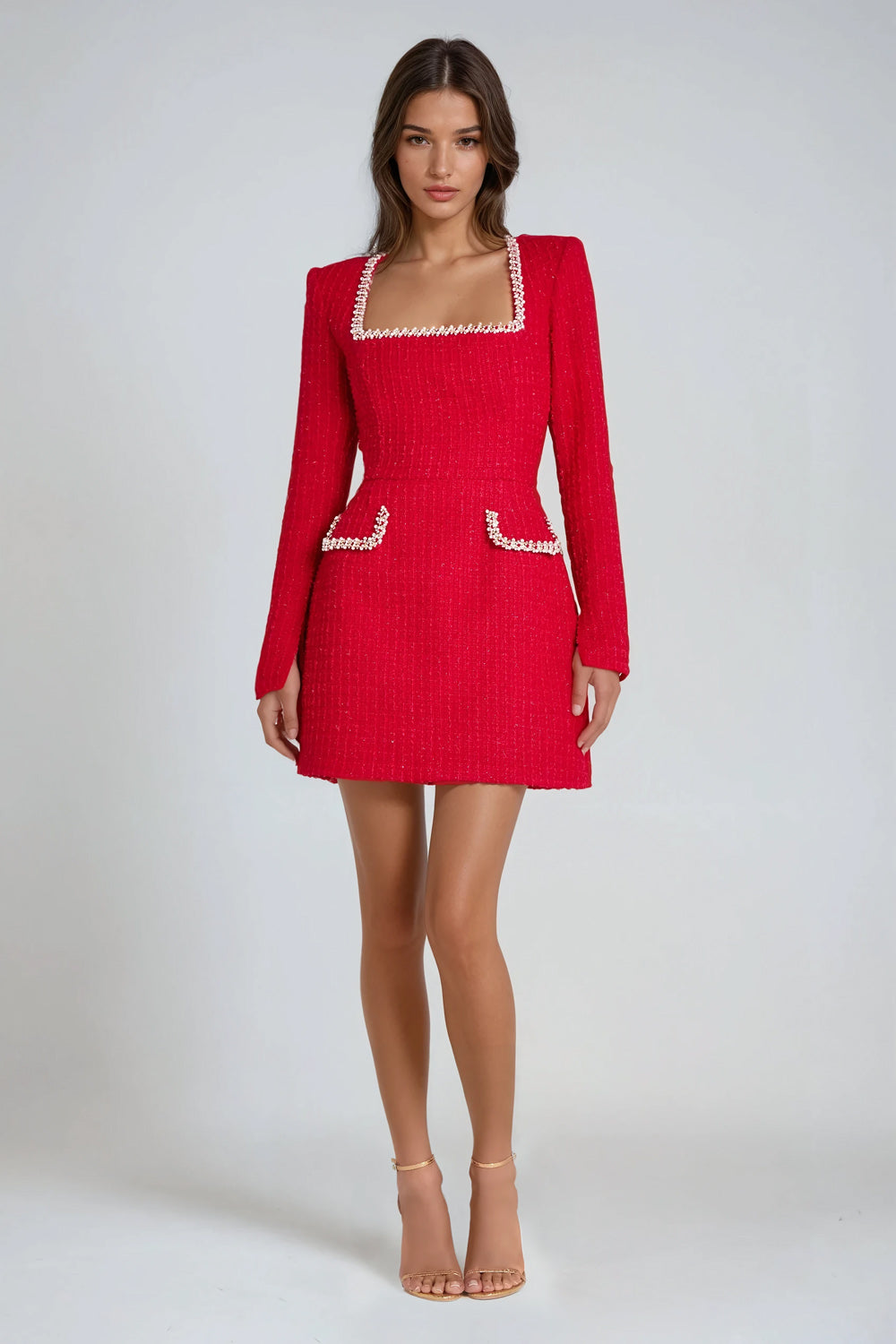 Long Sleeve Mini Dress with Embellished Square Neckline and Pocket Details - Red