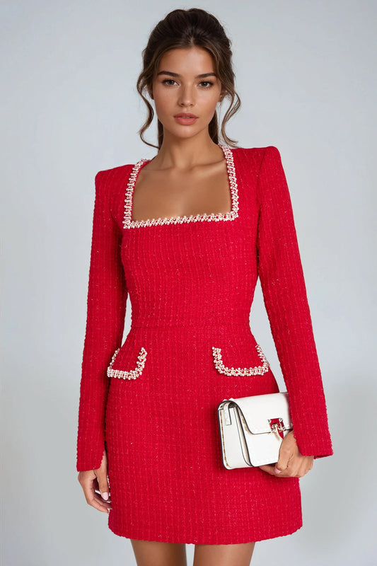 Long Sleeve Mini Dress with Embellished Square Neckline and Pocket Details - Red
