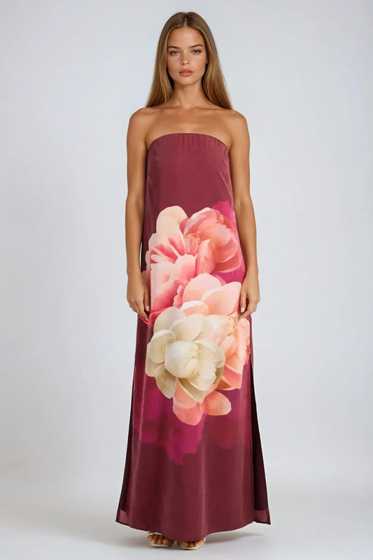 Strapless Maxi Dress with Large Floral Detail - Maroon