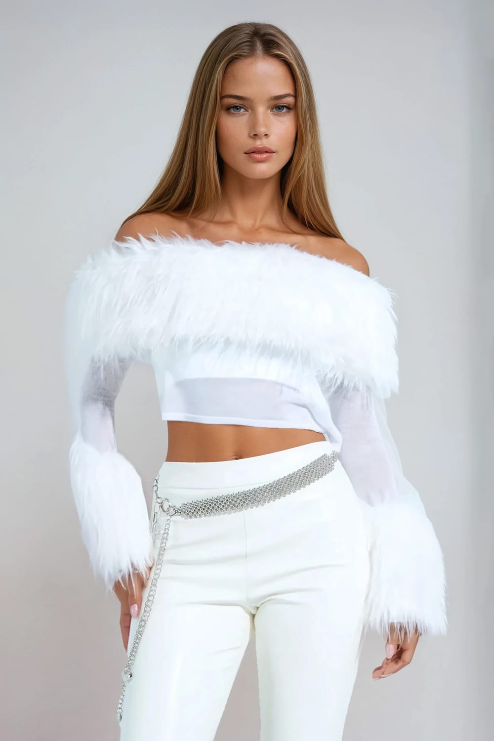 Feather Trim Off-Shoulder Sweater - White