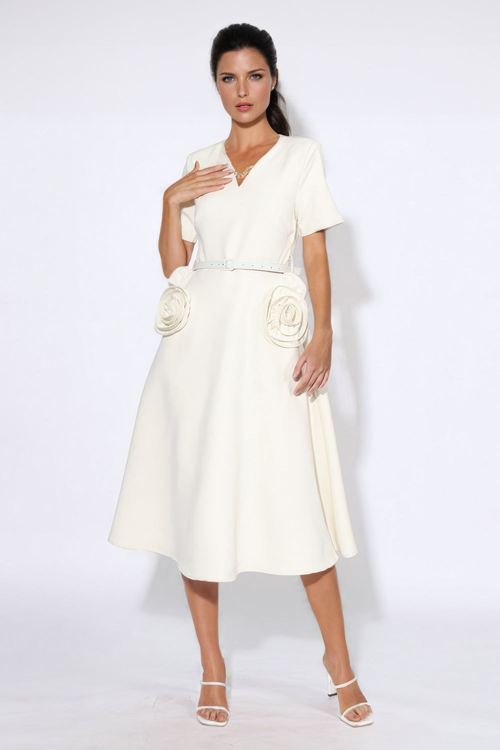 Elegant Midi Dress with Chain and 3D Floral Accent - White