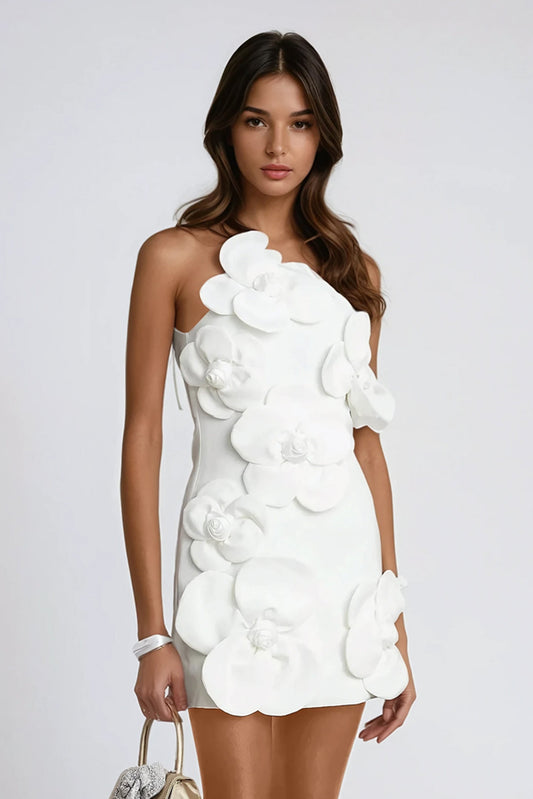 Asymmetrical Mini Dress with 3D Floral Detailing - White