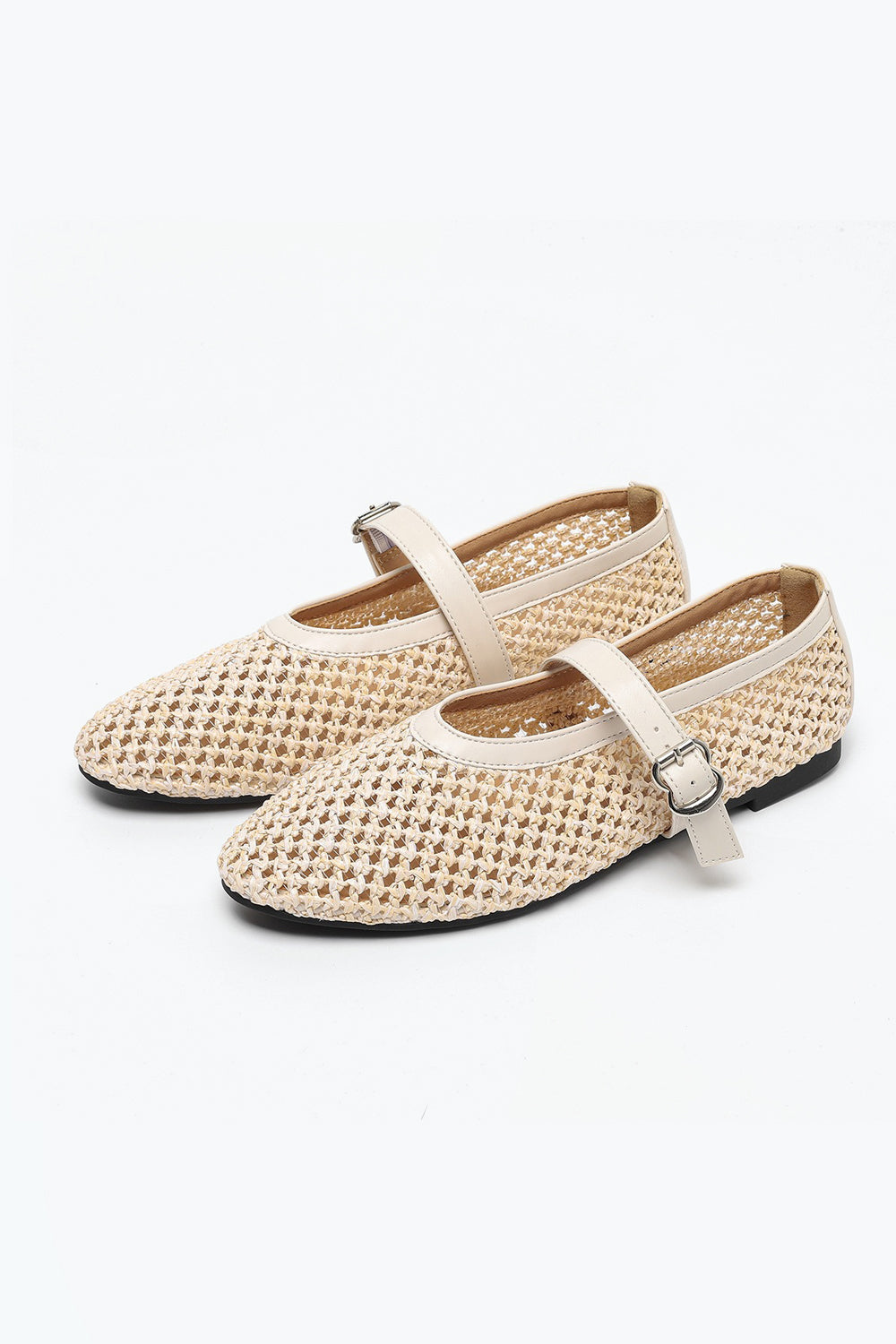 Woven Buckle Flats Shoes - Beige