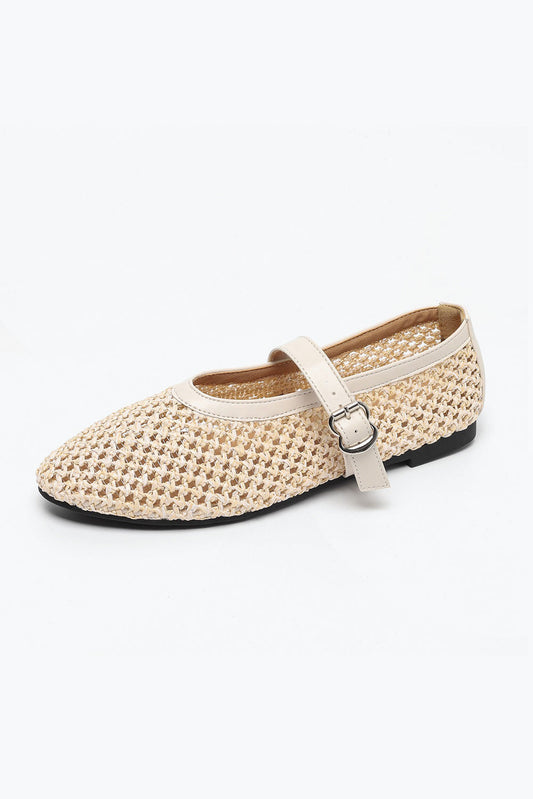 Woven Buckle Flats Shoes - Beige