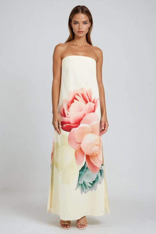 Strapless Maxi Dress with Large Floral Detail - White