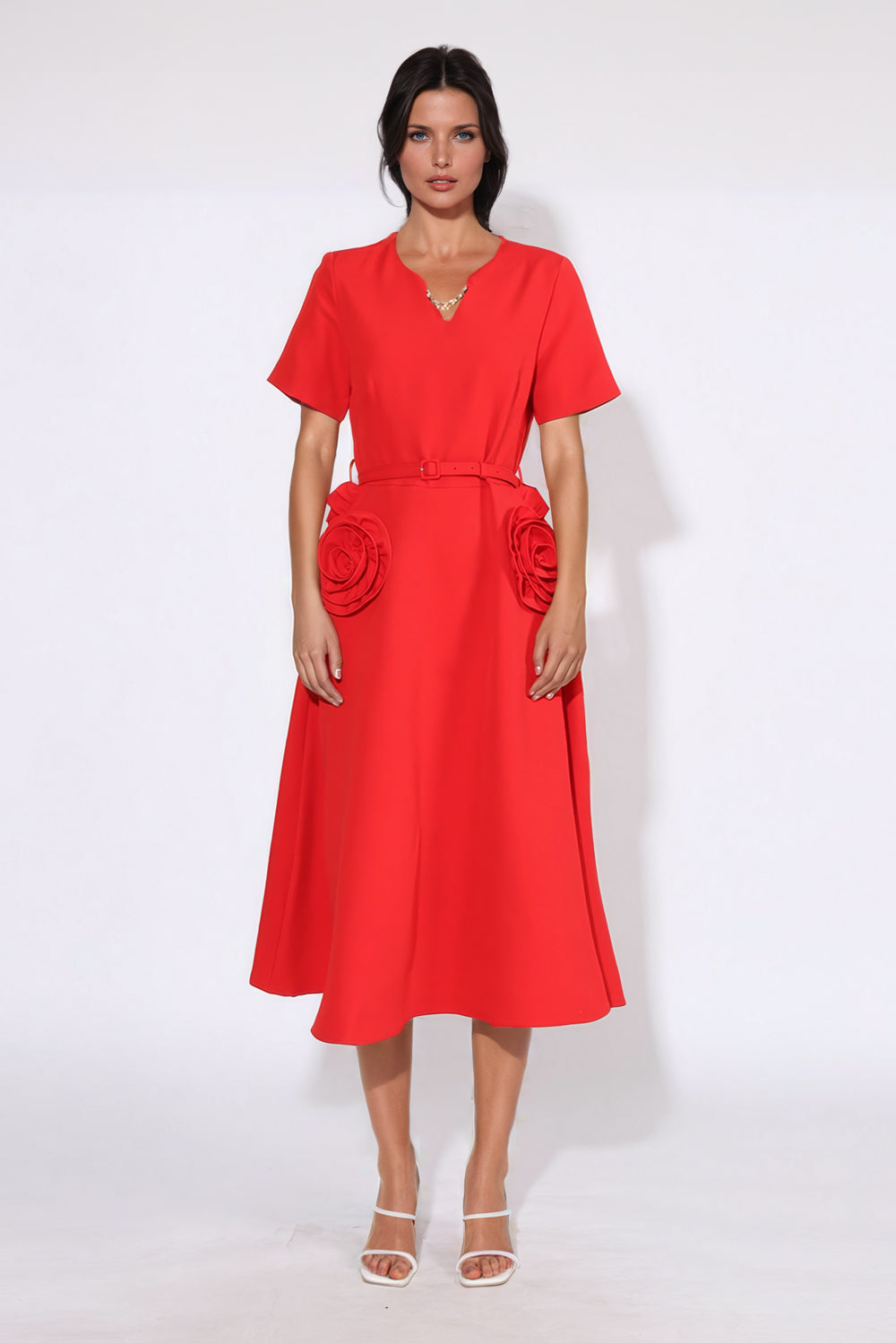 Elegant Midi Dress with Chain and 3D Floral Accent - Red