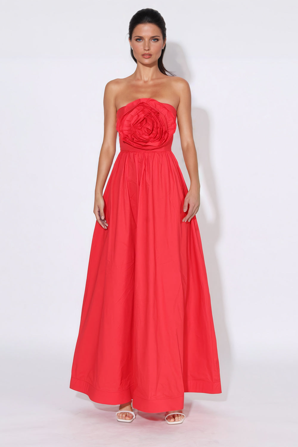 Maxi Dress with Large 3D Flower - Red