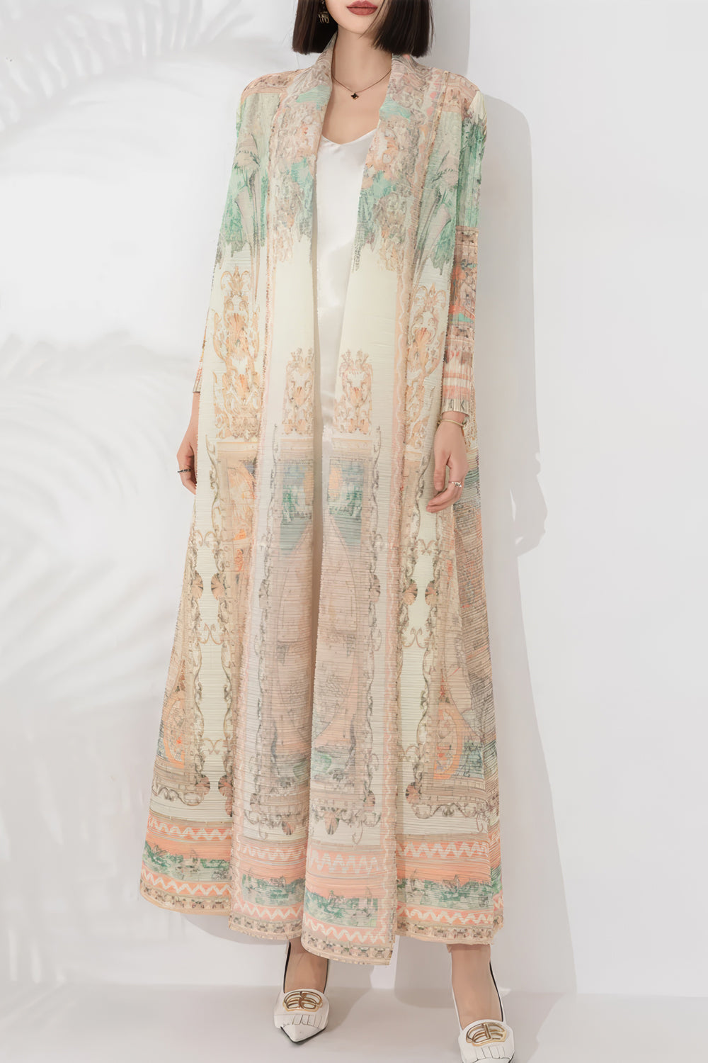 Long Printed Open Front Duster Coat