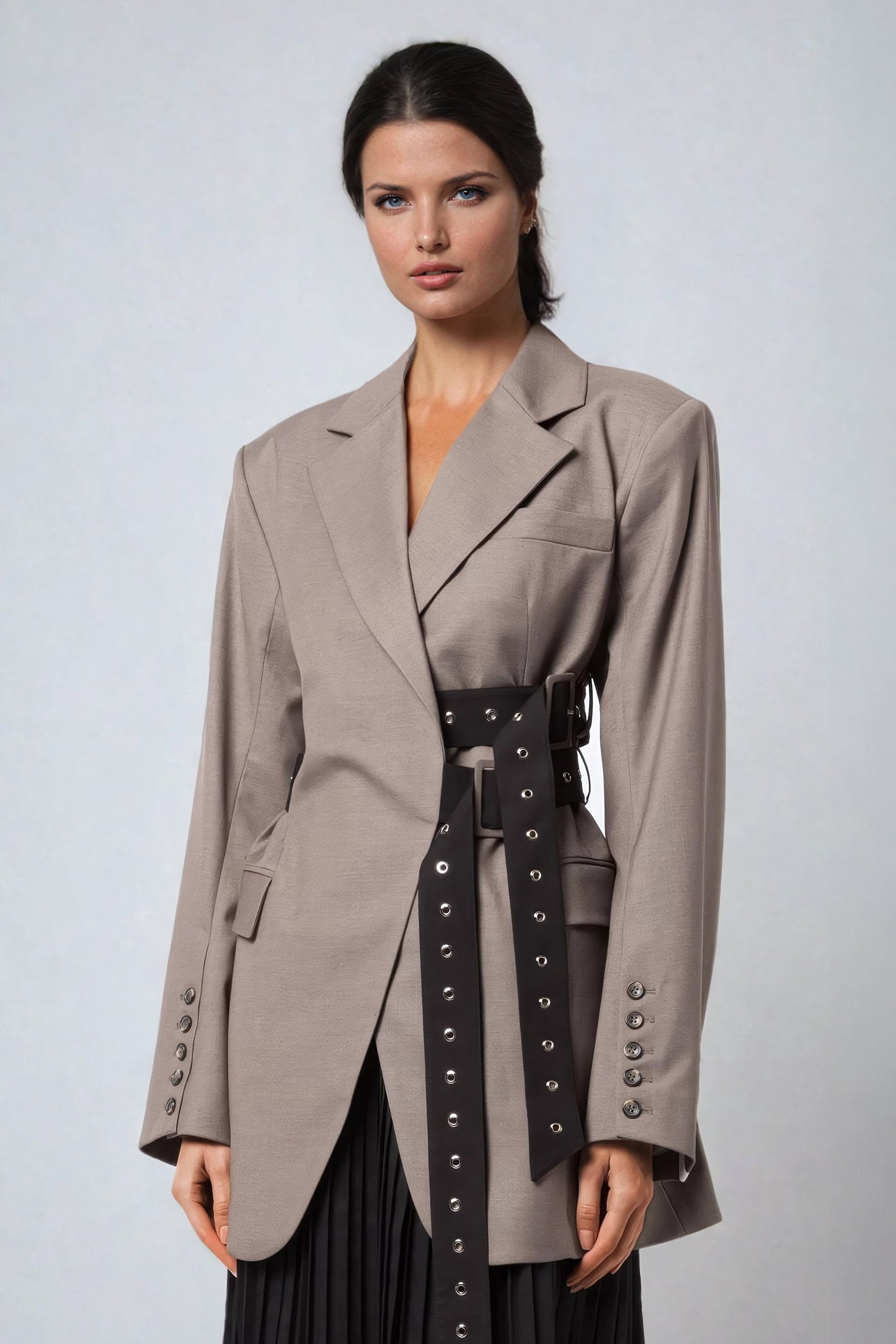 Double-Breasted Blazer with Eyelet Belt and Back Button Detailing - Gray