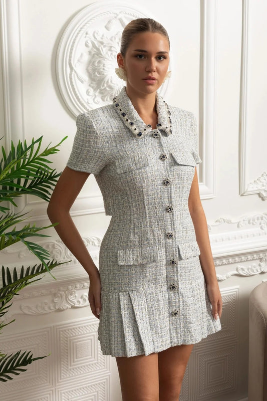 Short Sleeve Tweed Button-Down Mini Dress With Pleated Hem - Blue