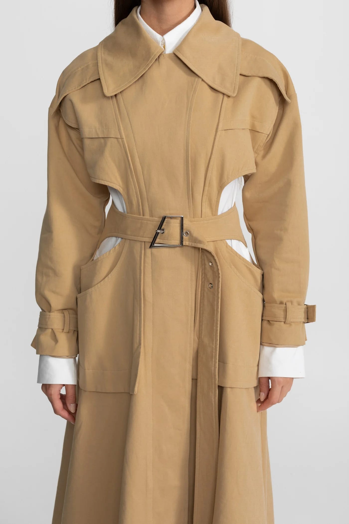 Cut-Out Belted Long Coat - Khaki