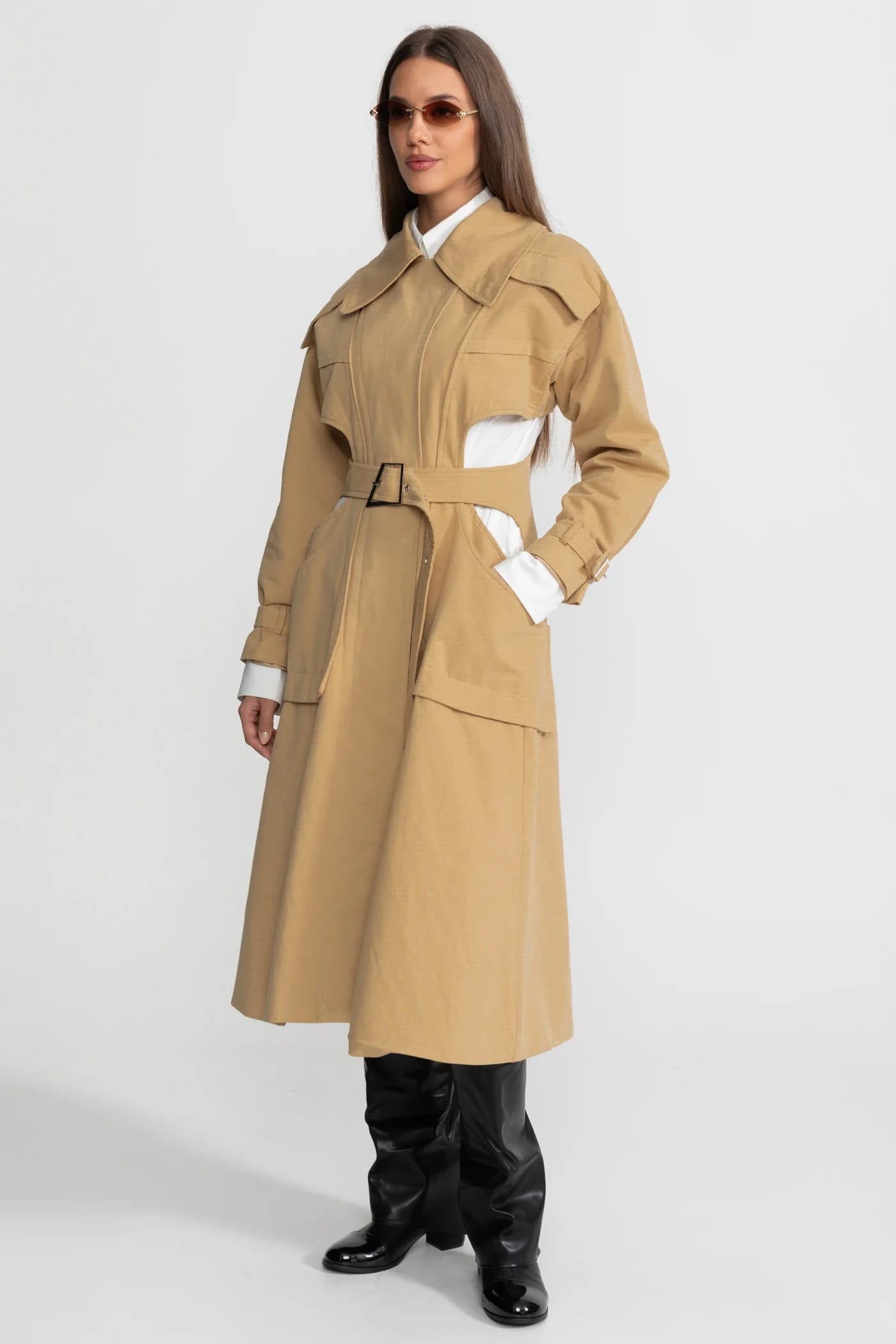 Cut-Out Belted Long Coat - Khaki