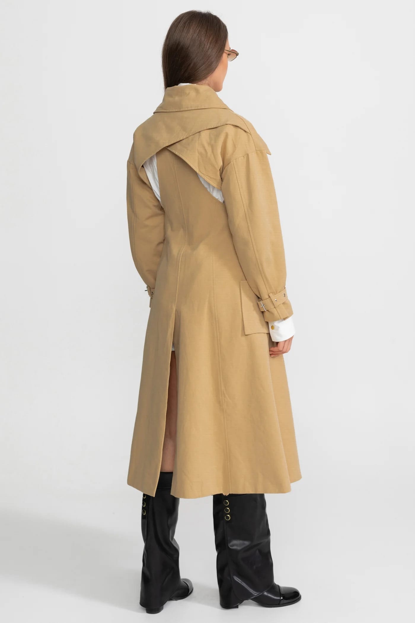 Cut-Out Belted Long Coat - Khaki