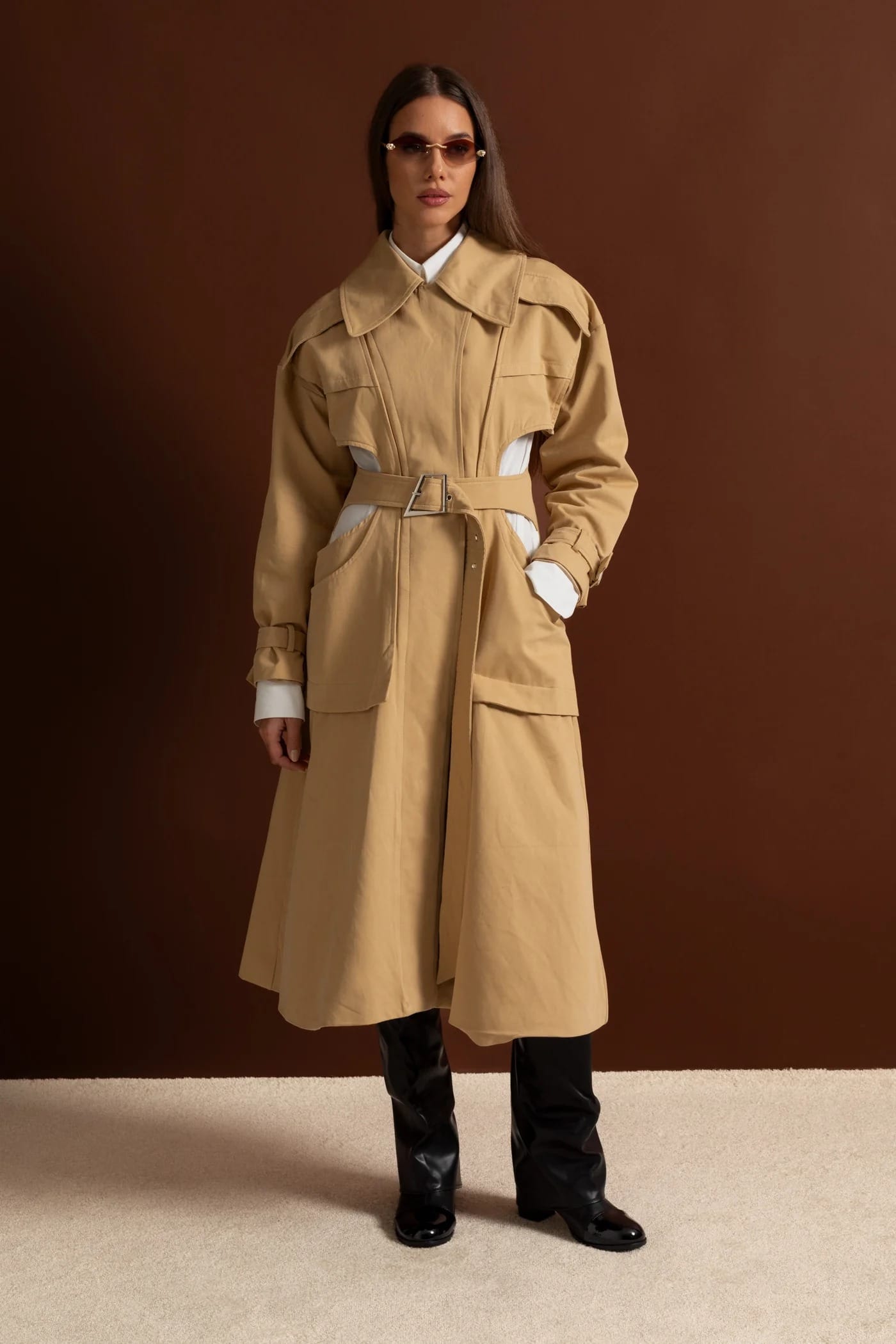 Cut-Out Belted Long Coat - Khaki