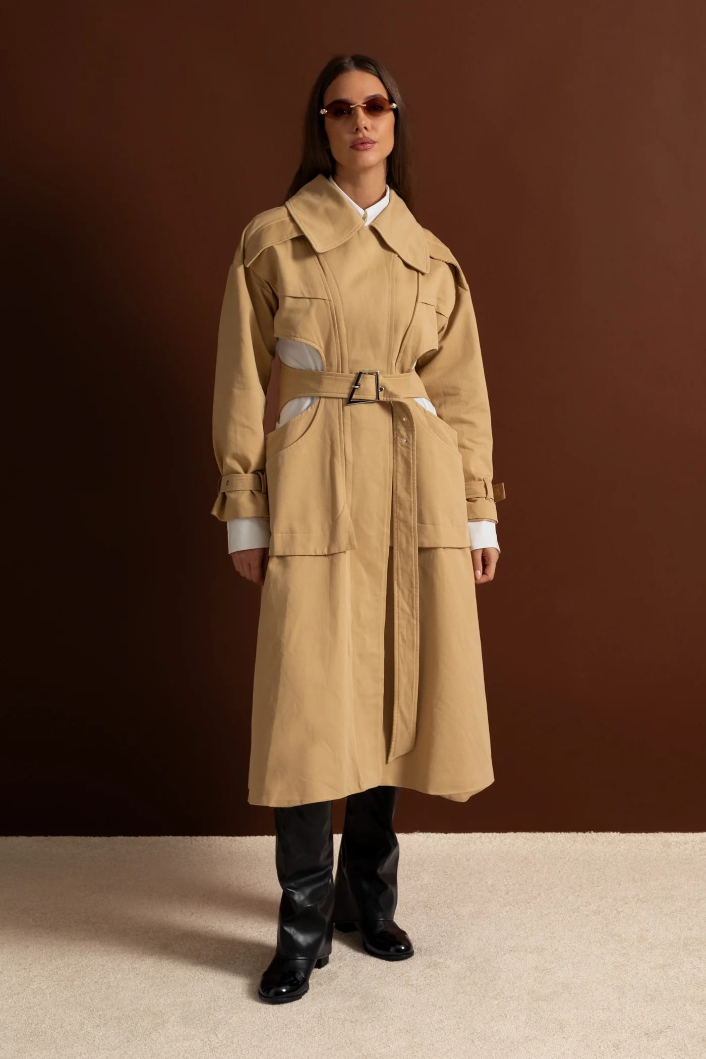 Cut-Out Belted Long Coat - Khaki