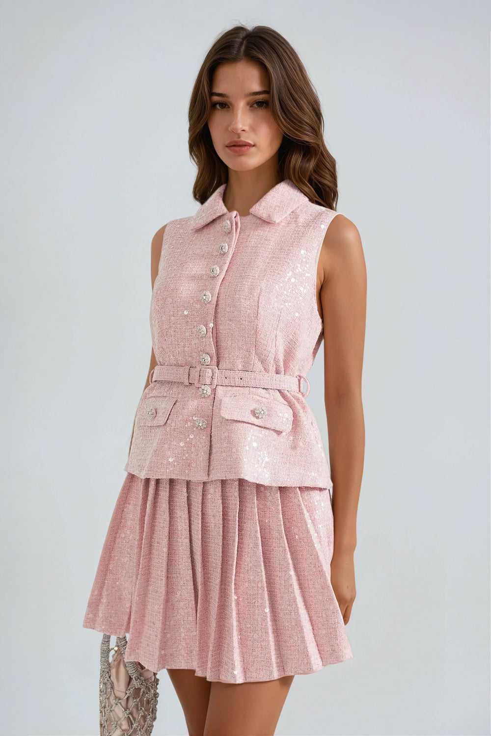 Sleeveless Textured Pleated Mini Dress with Waistbelt - Pink