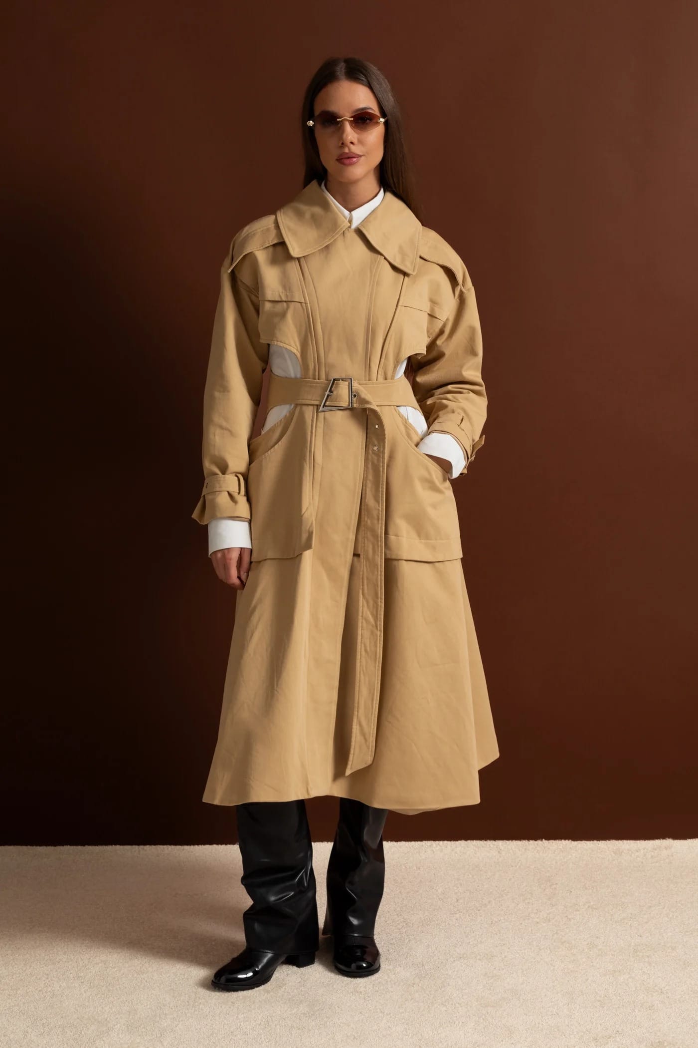 Cut-Out Belted Long Coat - Khaki
