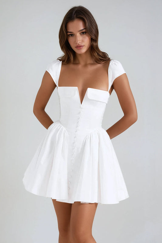 Cap Sleeve Button-Detail Mini Dress - White