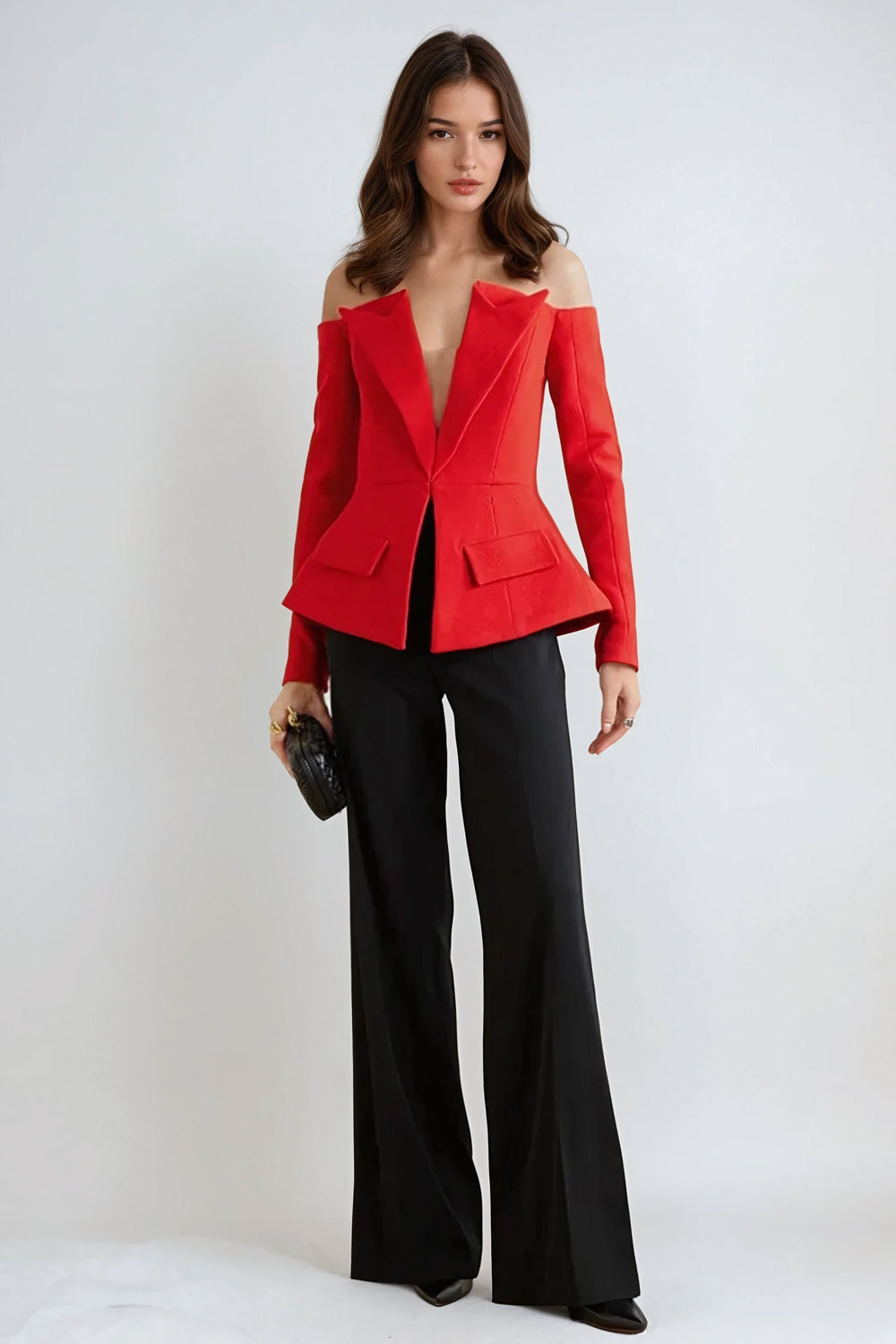 Off-Shoulder V-Neckline Blazer - Red