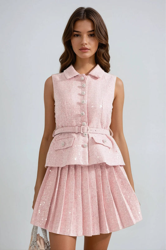Sleeveless Textured Pleated Mini Dress with Waistbelt - Pink